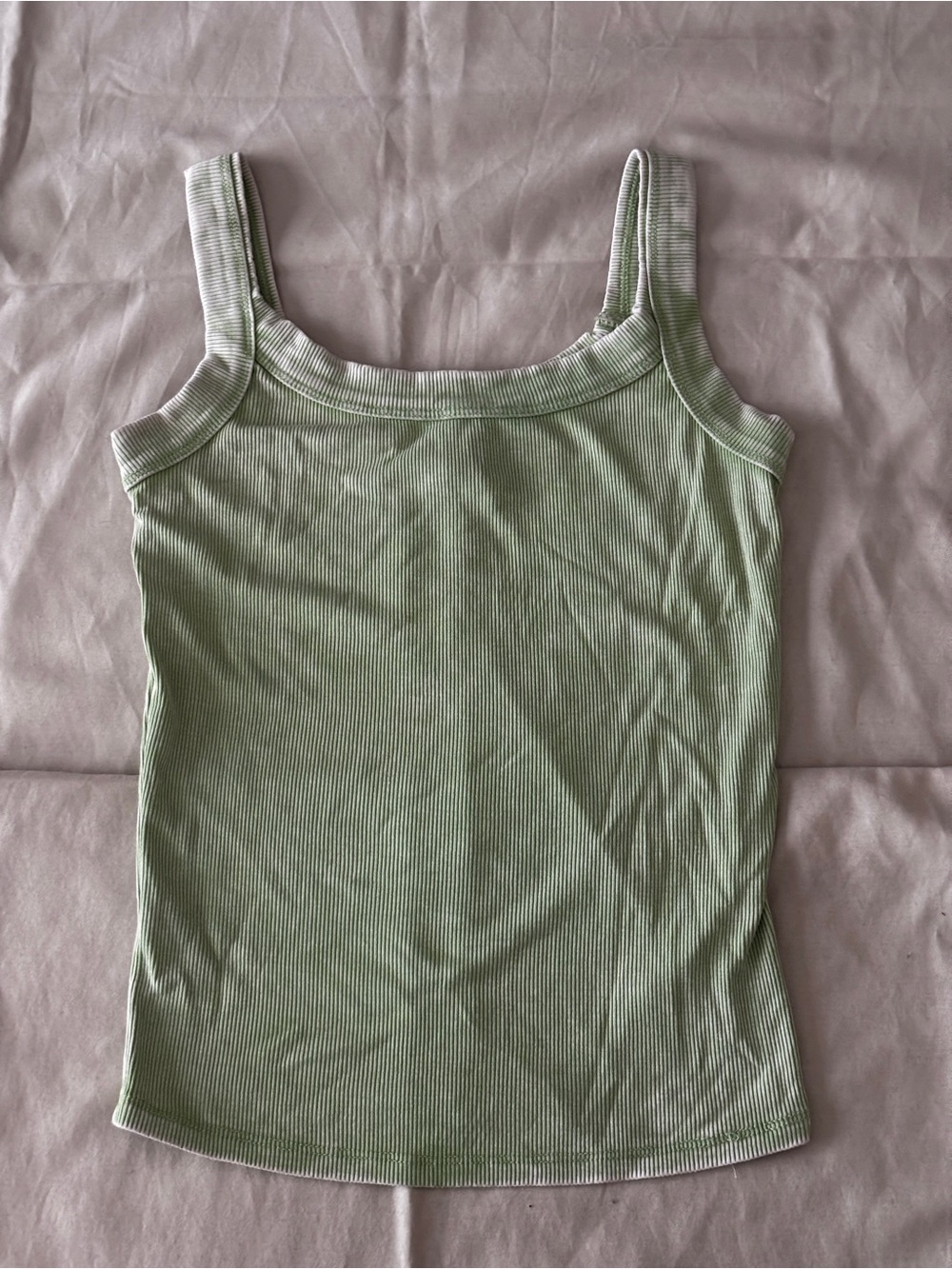 Distressed Ribbed Sage Green Square-Neck Tank Top